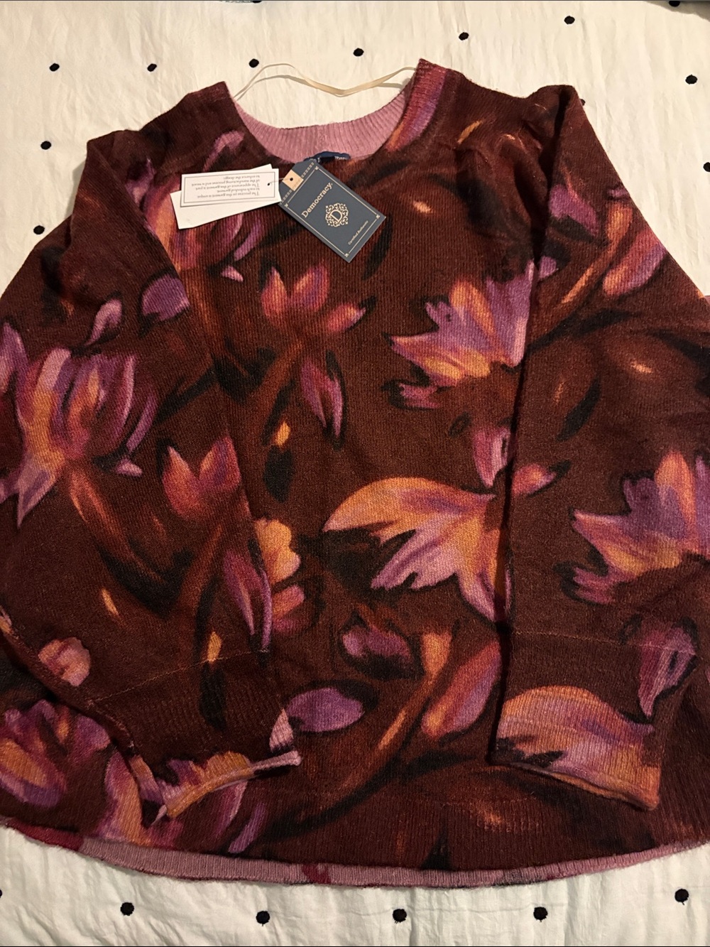 Democracy Burgundy Floral Crewneck Sweater with Purple and Orange Accents